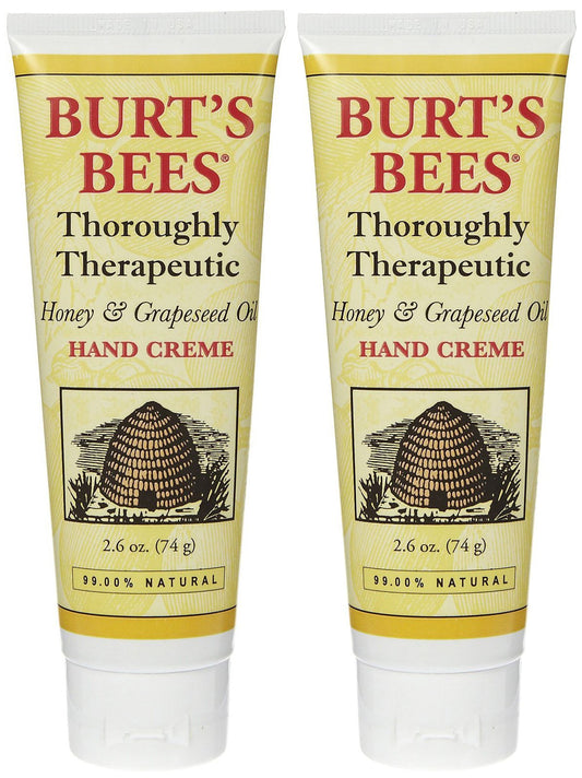 The Burt's Bees Thoroughly Therapeutic Hand Creme bottle showing the honey-grapeseed formula for daily moisture.