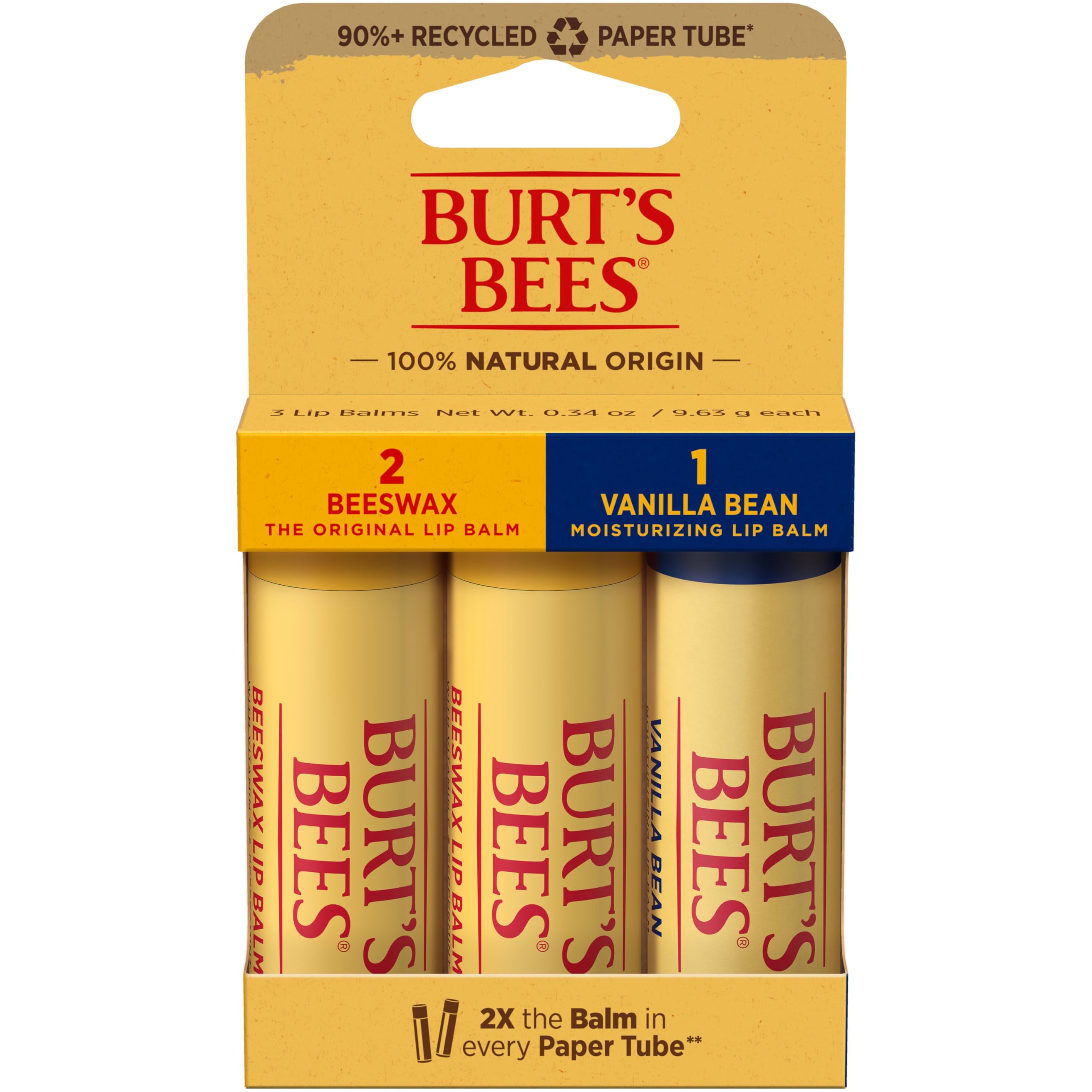Burt's Bees Vanilla Bean lip balm tube provides long-lasting hydration.