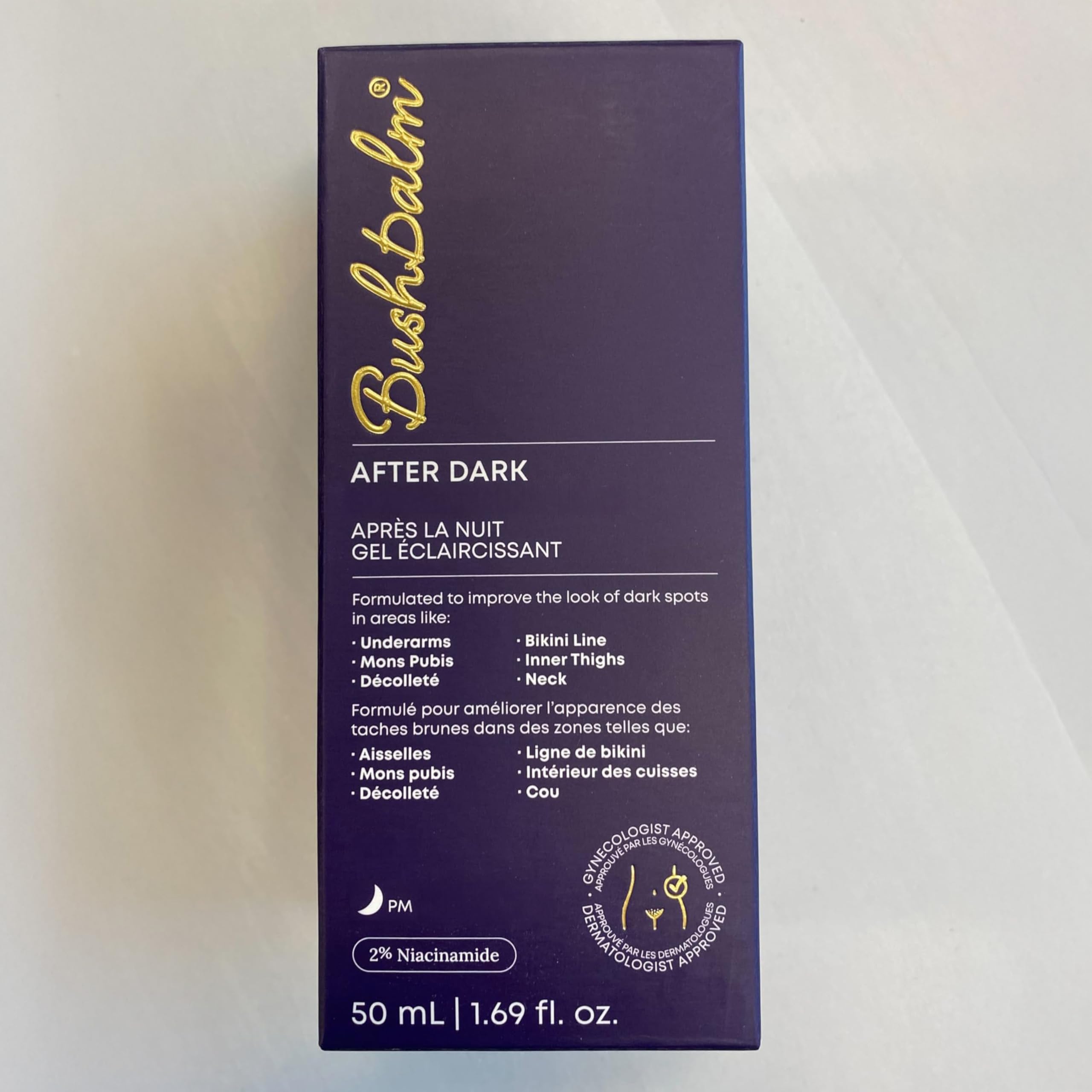 Close-up of Bushbalm Brightening Routine Bundle box showing fragrance-free formula for sensitive areas