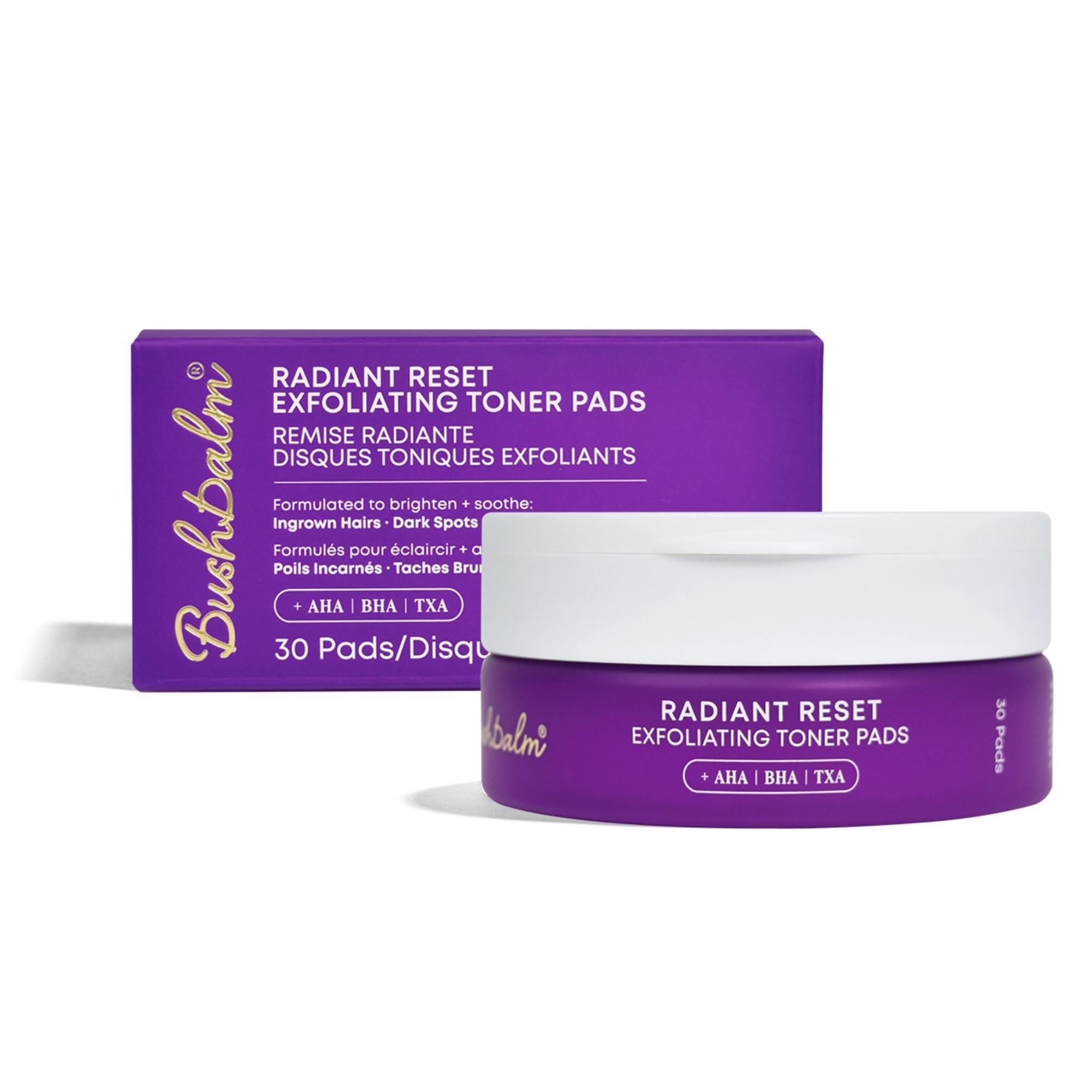 Bushbalm Exfoliating Ingrown Hair Pads bottle front showing gentle exfoliation