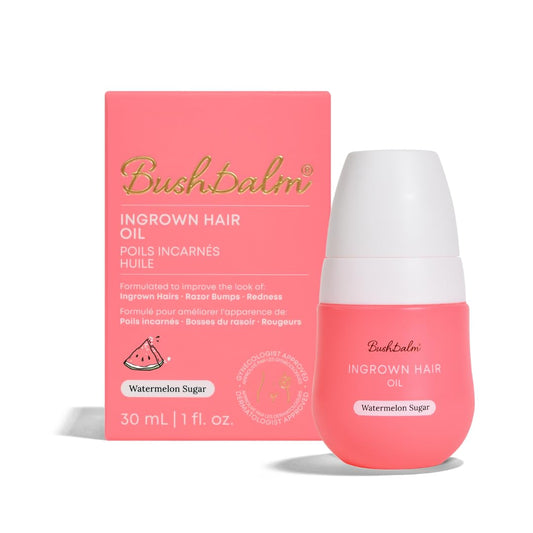 Bushbalm Ingrown Hair Oil Watermelon Sugar bottle for smoother post-shave skin.