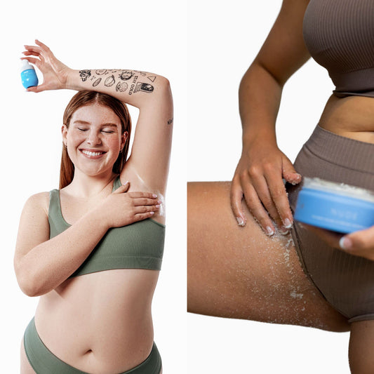 Bushbalm Nude Exfoliating Scrub 236 ml tub removes dead skin, softens rough patches.