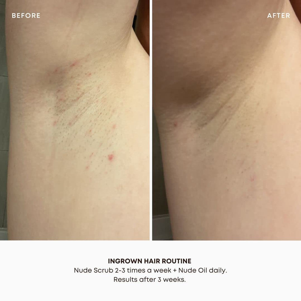 Bushbalm Nude Scrub grains closeup for exfoliation to reduce bumps.