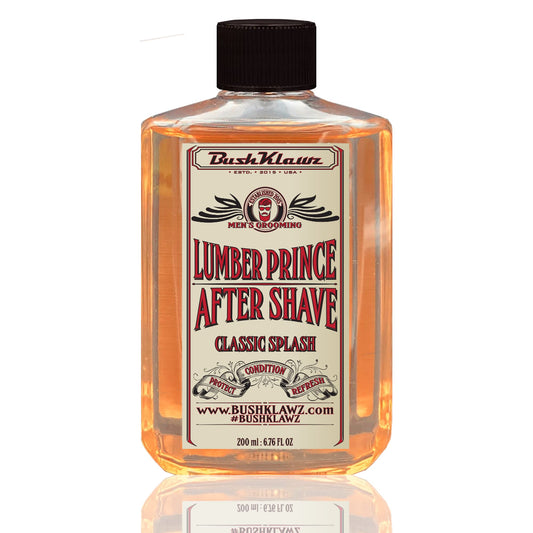 BushKlawz Lumber Prince aftershave bottle showing spicy woodsy scent for refreshing post-shave care.