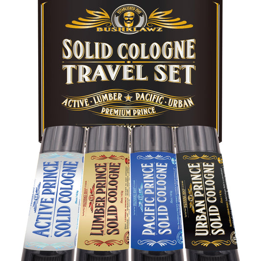 BushKlawz Lumber Prince solid cologne stick for rugged, woody fragrance on outdoor adventures.