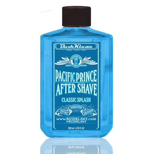 BushKlawz Pacific Prince bottle pour shows refreshing, cooling post-shave care.
