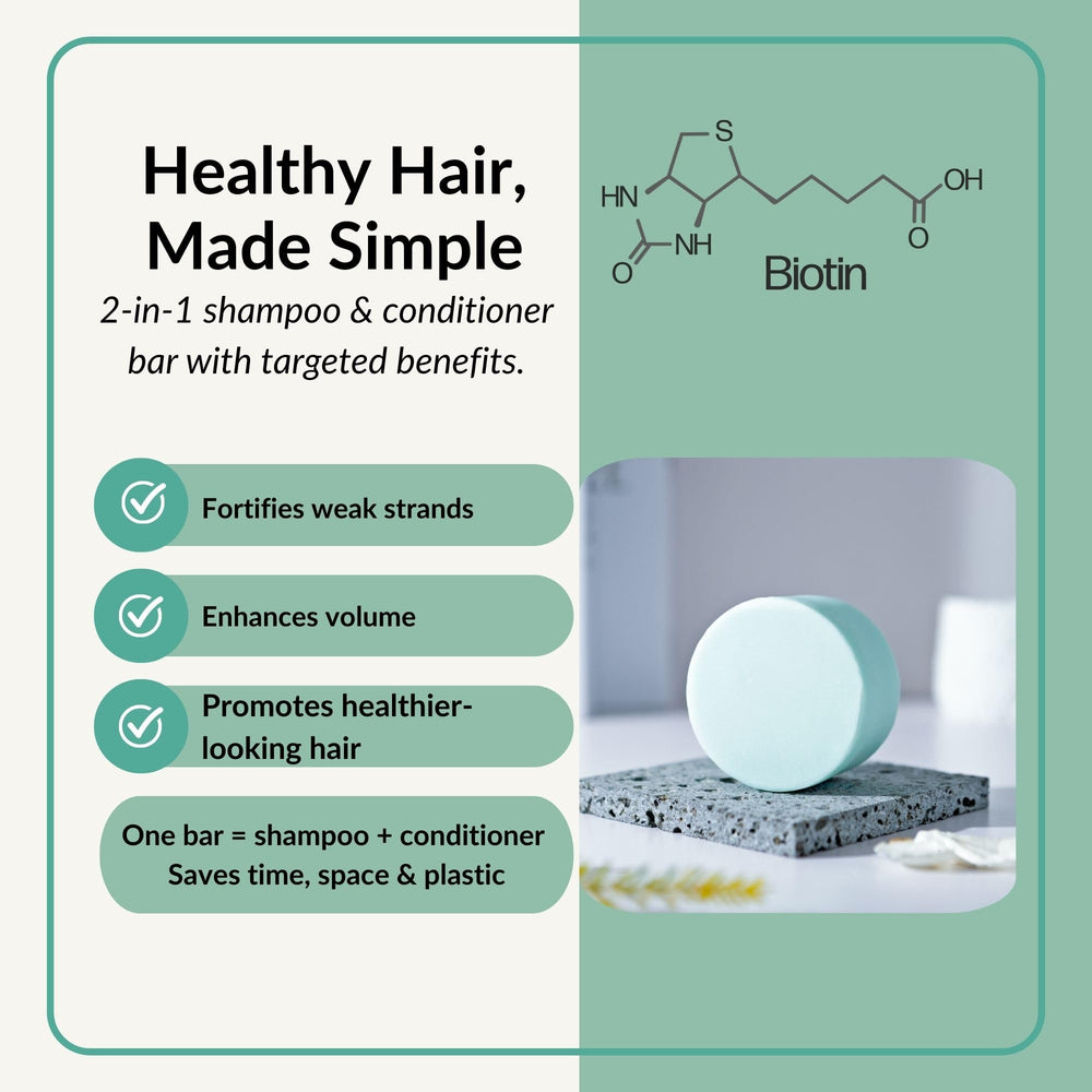 BusyNature Biotin 2-in-1 bar closeup texture showing gentle cleansing for stronger strands.