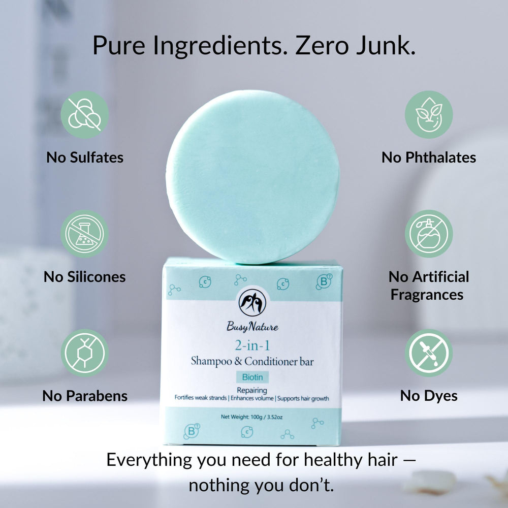 BusyNature Biotin 2-in-1 bar packaging highlights sulfate-free, vegan formula.
