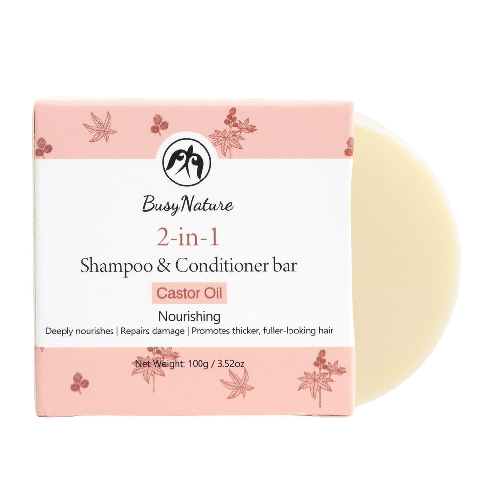 BusyNature Castor Oil 2-in-1 shampoo bar in compact form for travel-ready cleansing