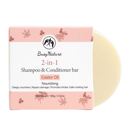 BusyNature Castor Oil 2-in-1 shampoo bar in compact form for travel-ready cleansing