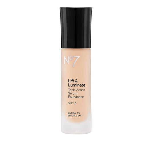 BUTO Lift & Luminate Foundation bottle in warm beige showing subtle coverage with SPF 15