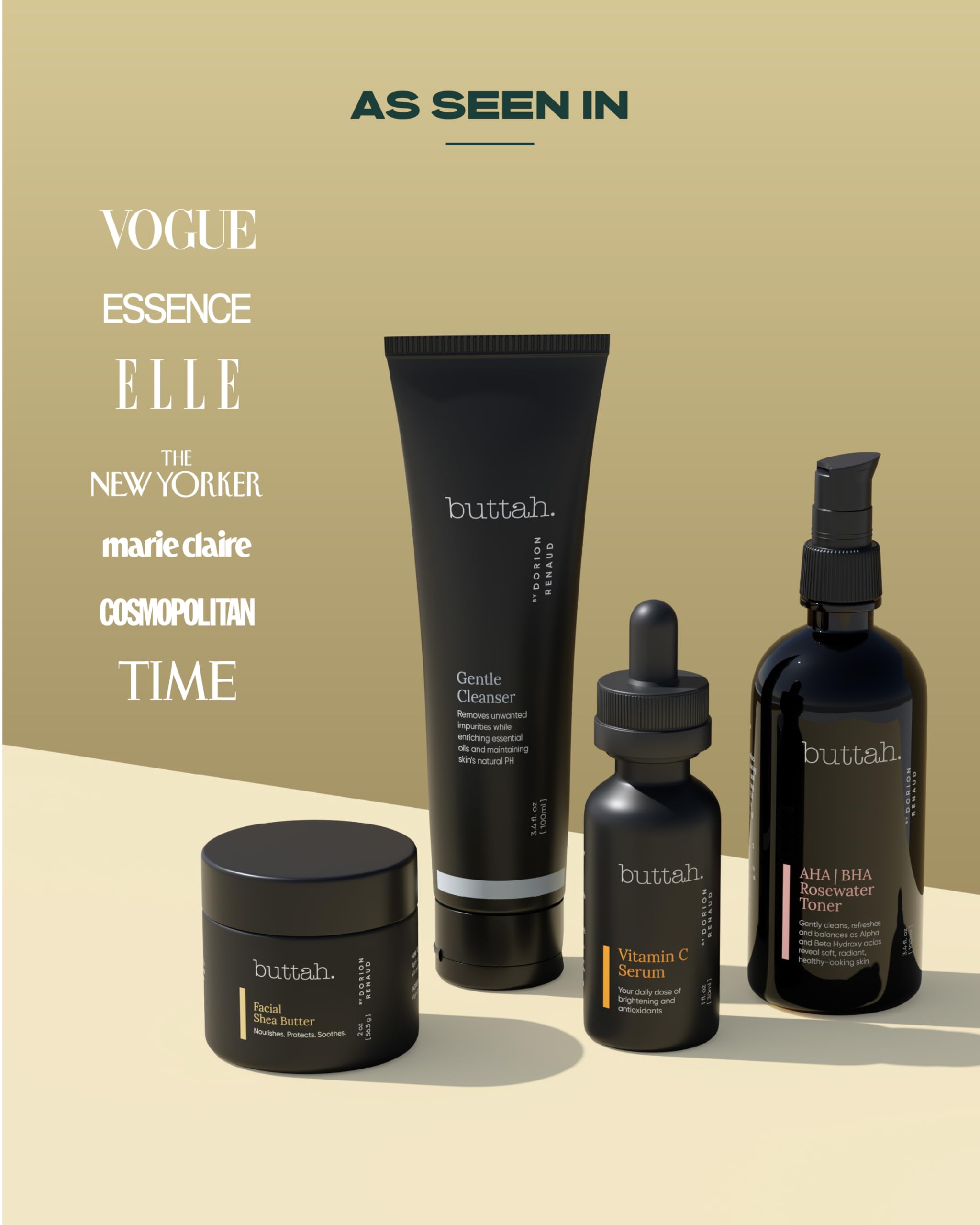 buttah kit arranged in bathroom setting, cohesive daily routine for melanin-rich skin