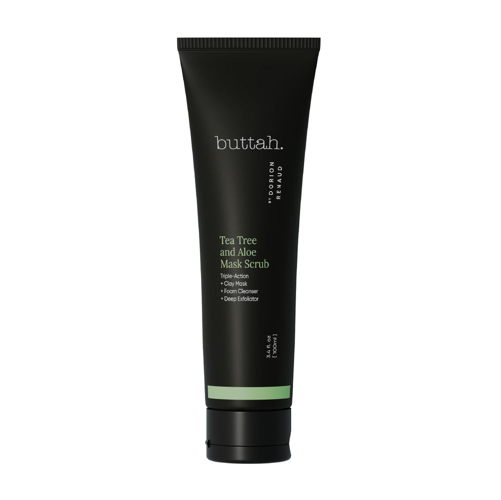 Buttah Tea Tree Aloe Exfoliating Scrub jar closeup showing exfoliating texture for clear balanced skin.