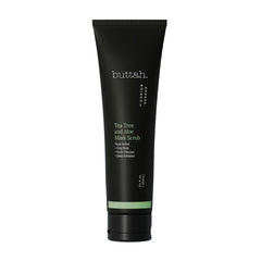 Buttah Tea Tree Aloe Exfoliating Scrub jar closeup showing exfoliating texture for clear balanced skin.
