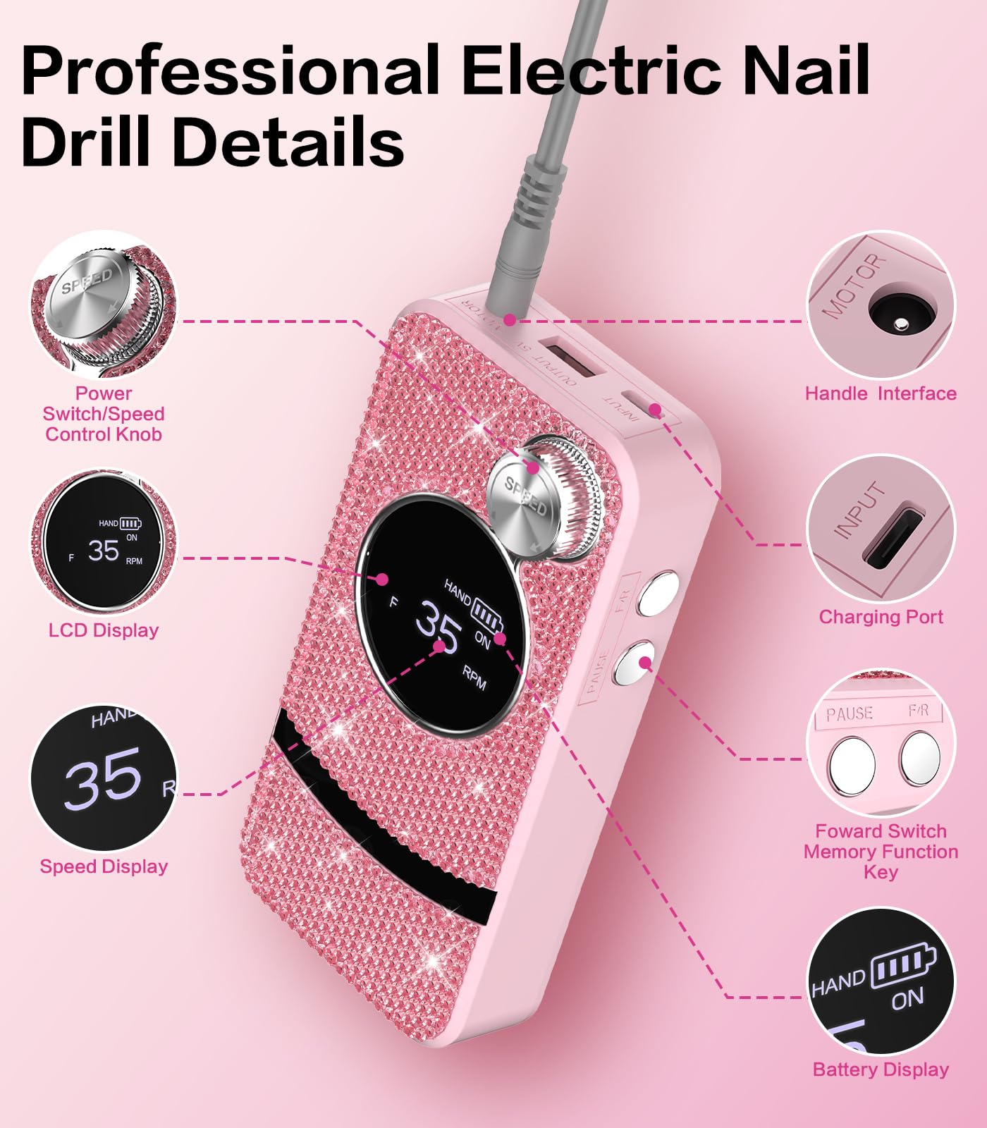 Buways pink rhinestone design adds style to your nail care routine.