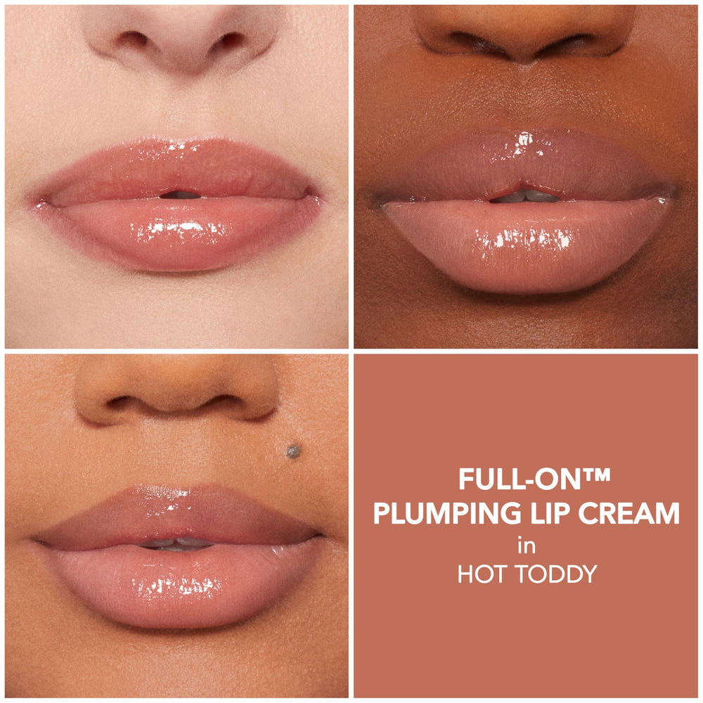 Dolly lip polish on lips for shimmering, plump-looking glow.