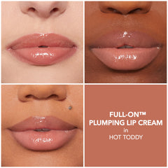 Dolly lip polish on lips for shimmering, plump-looking glow.