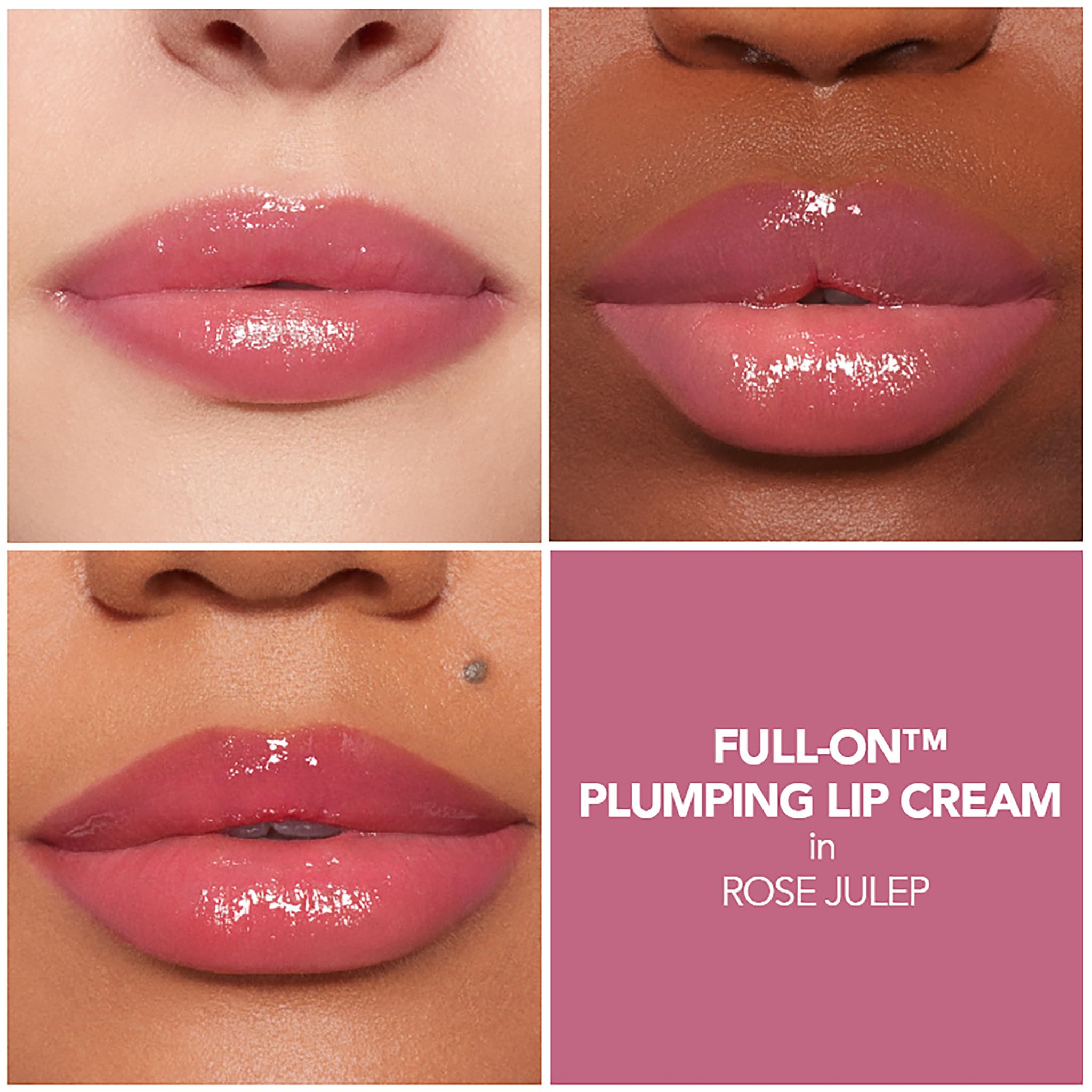 Buxom Full-On Plumping Lip Cream Rose Julep tube closeup showcases creamy texture.