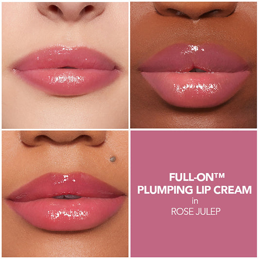 Buxom Full-On Plumping Lip Cream Rose Julep tube closeup showcases creamy texture.
