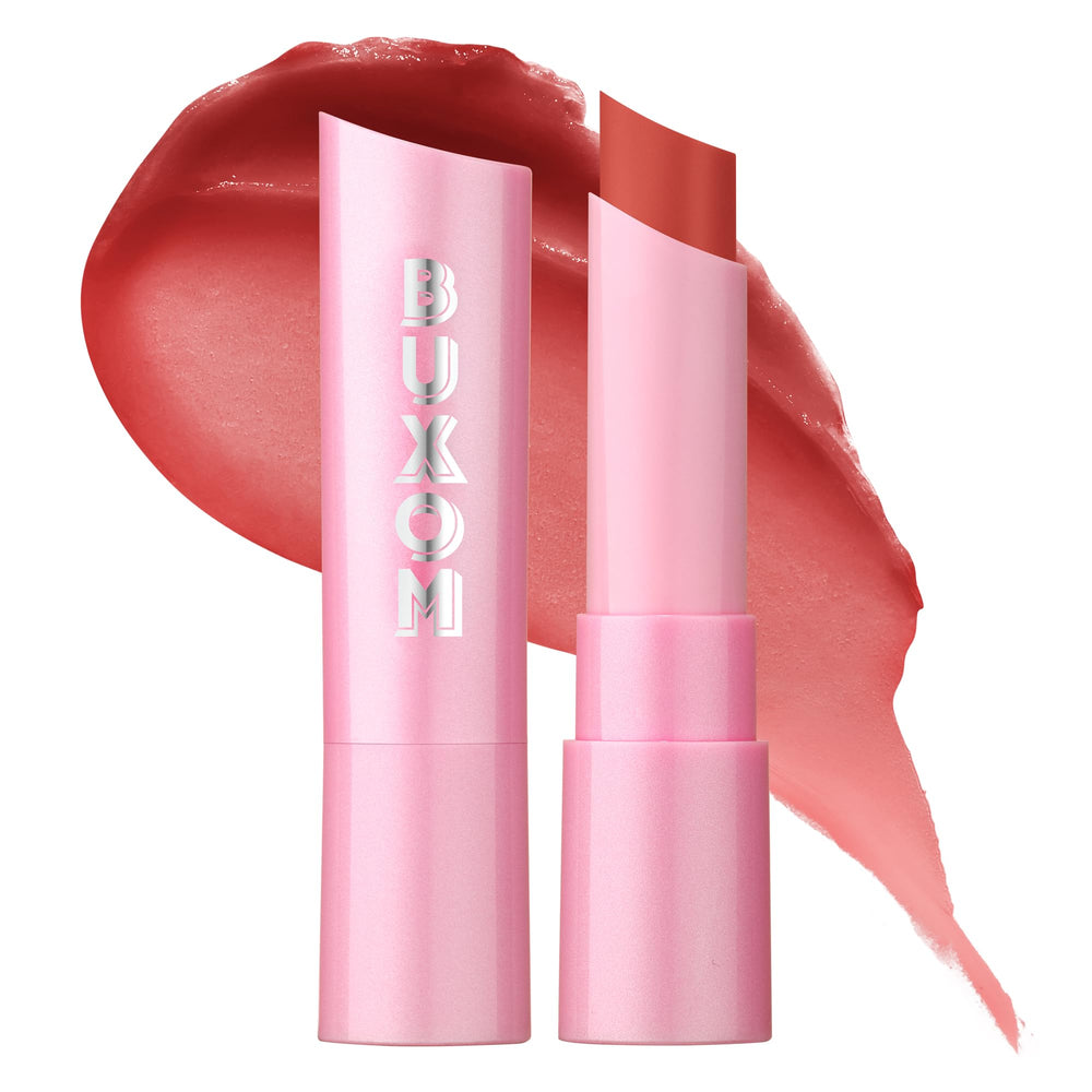 Buxom Full-On Lip Glow Balm Coral Crush packaging shows sheer color and weightless hydration.