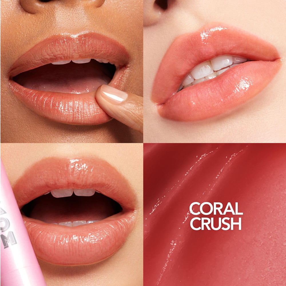Close-up swatch of Buxom Coral Crush lip glow with tint and shine.