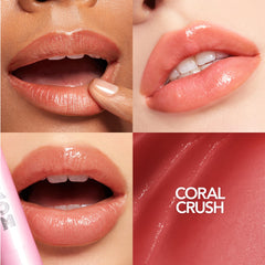 Close-up swatch of Buxom Coral Crush lip glow with tint and shine.