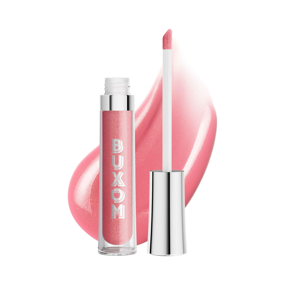 Buxom Full-On Lip Polish in Petal Pink Shimmer for a voluminous look with pink shimmer.
