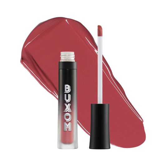BUXOM Full-On Plumping Lipstick tube in Comin' Up Roses showing rich color and smooth finish.
