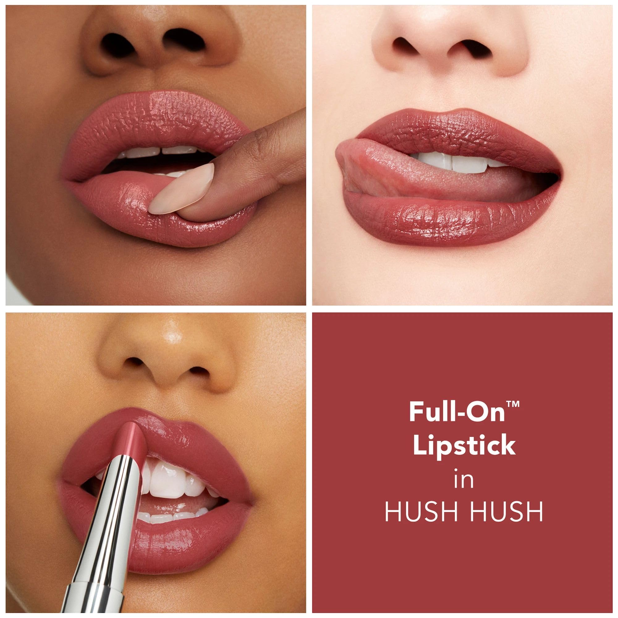 Lips wearing Hush Hush showing pigment-rich creamy finish