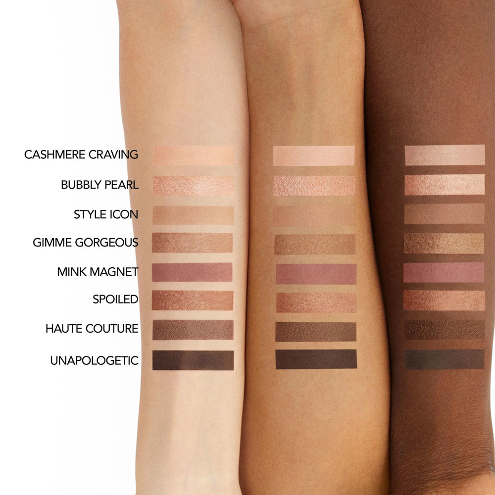 Buxom Iconic Nudes palette close-up shows easy shade pickup.