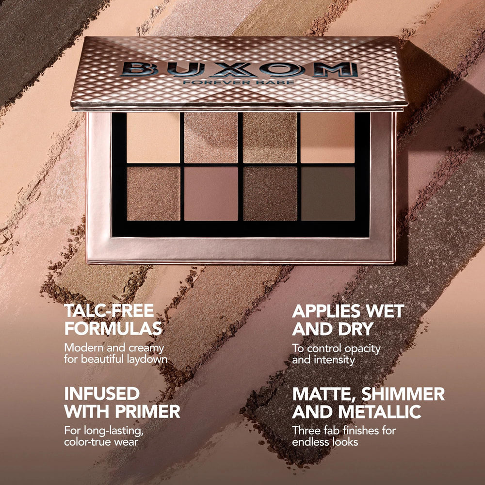 Buxom Iconic Nudes packaging close-up shows travel-friendly compact.