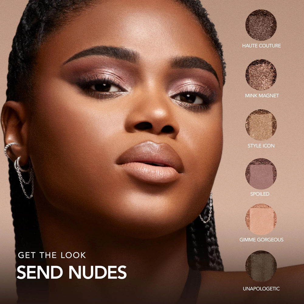 Buxom Iconic Nudes wet-application swatches for intensified pigment.