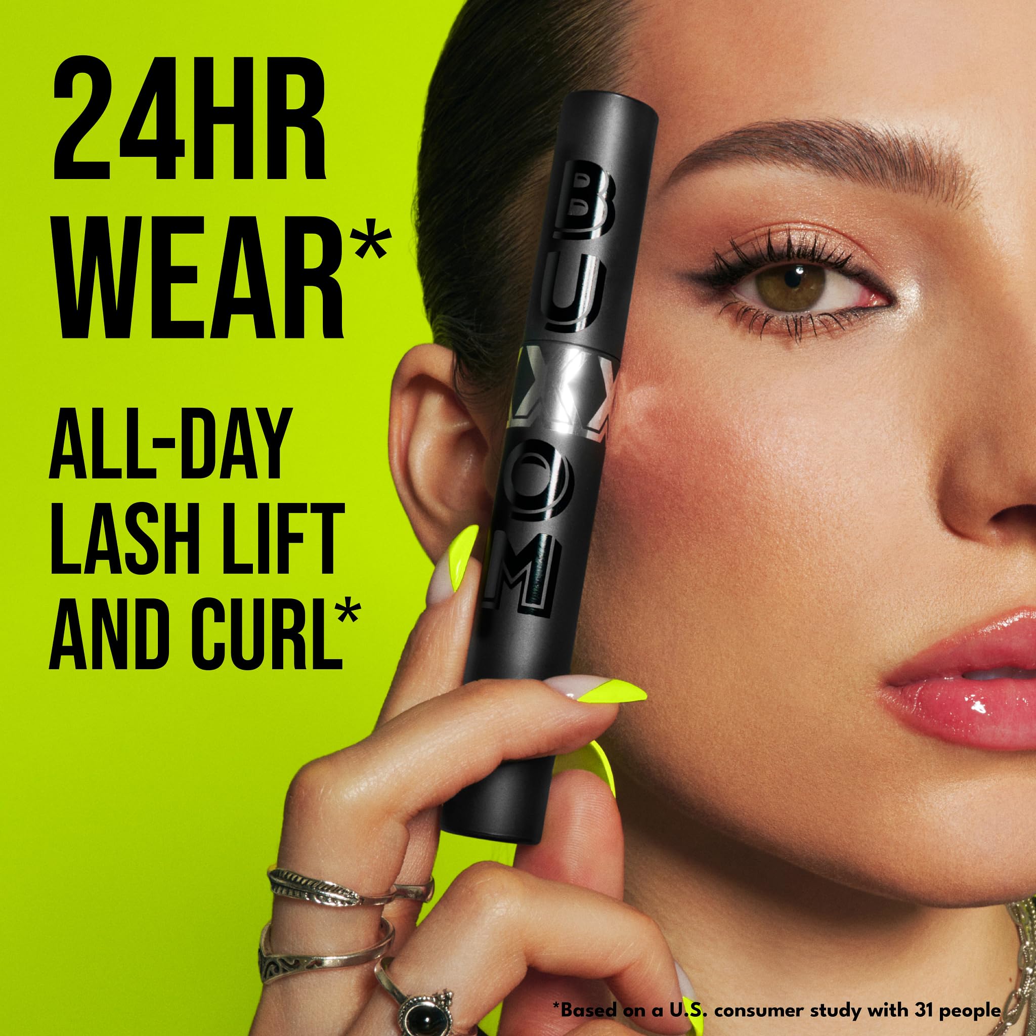 BUXOM Lash Xtension Lift mascara lifted lashes closeup with fan-out look