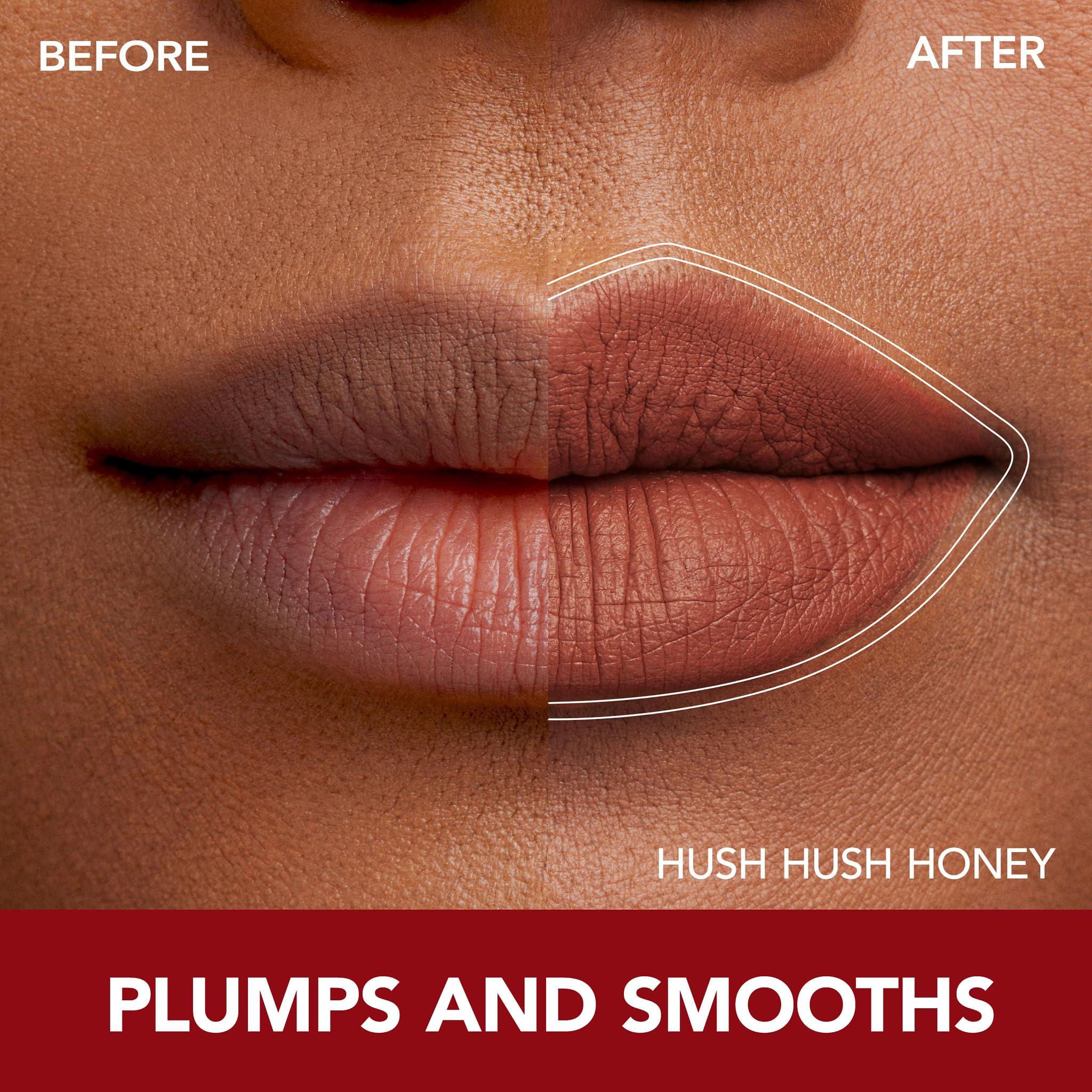 Closeup of lip liner and lipstick set showing defined lip shape.