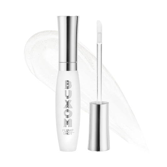 Buxom Plump Shot lip serum bottle with clear gloss and cooling plump.