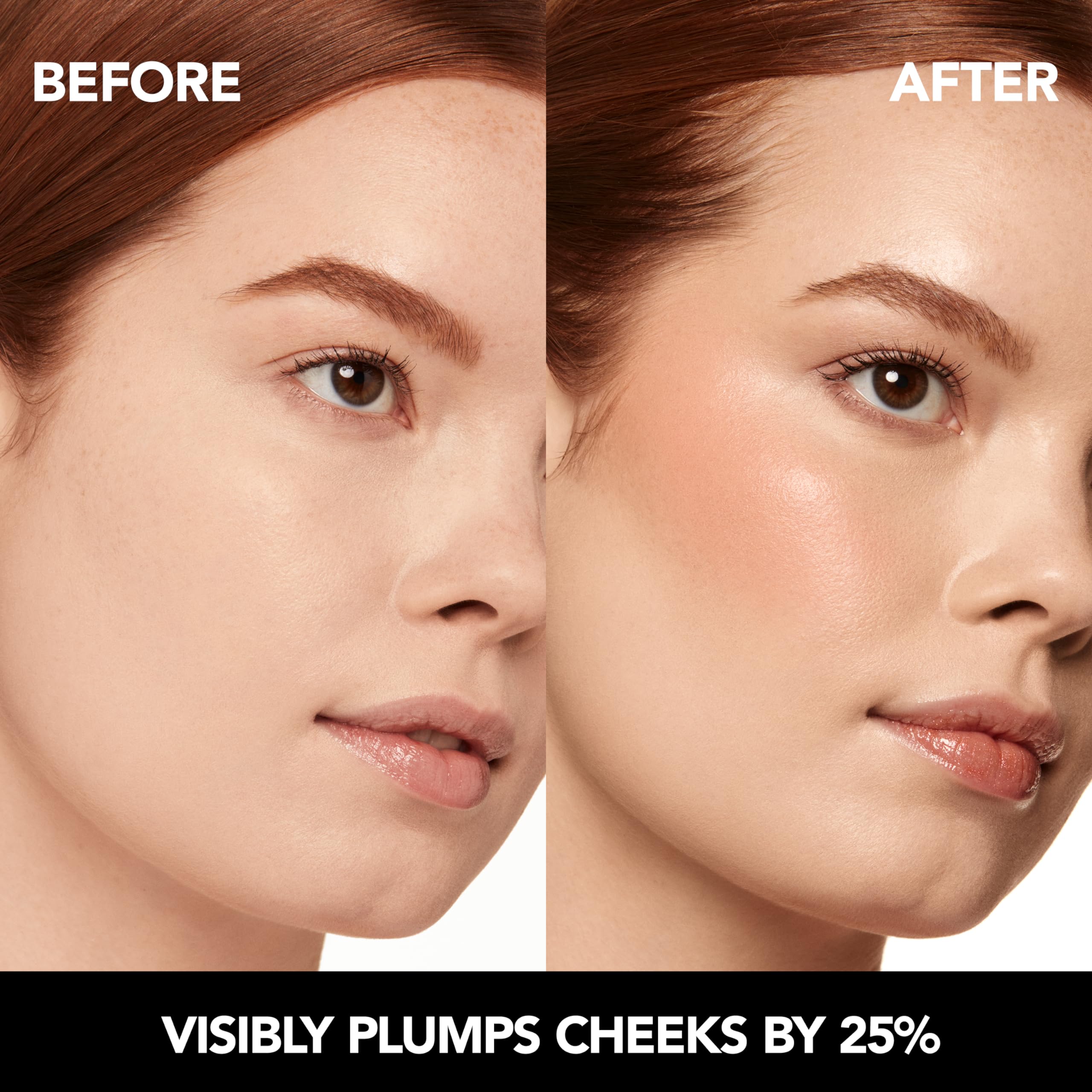 BUXOM Plump Shot coral sheer swatch shows long-wear flush on the cheek