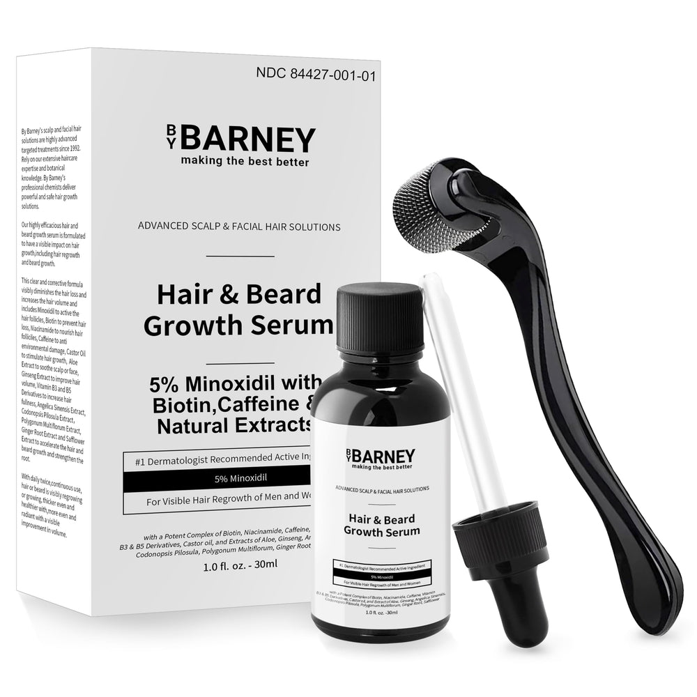 BY BARNEY Minoxidil Serum bottle with dropper for precise scalp application.