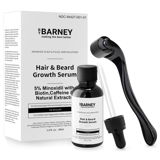 BY BARNEY Minoxidil Serum bottle with dropper for precise scalp application.