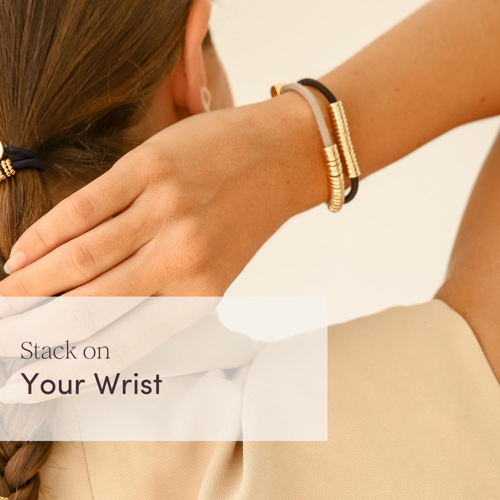 By Lilla bracelet hair tie limestone worn as stackable wrist jewelry