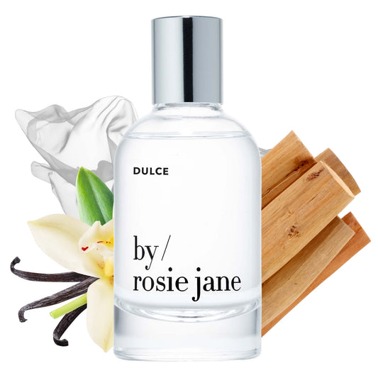 By Rosie Jane Dulce perfume bottle close-up, showcasing elegant design and everyday luxury.