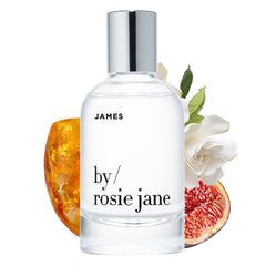By Rosie Jane James bottle close-up, clean fragrance and fresh notes.