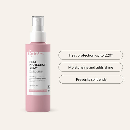 By Veira heat protection spray applied to hair for color preservation benefits.