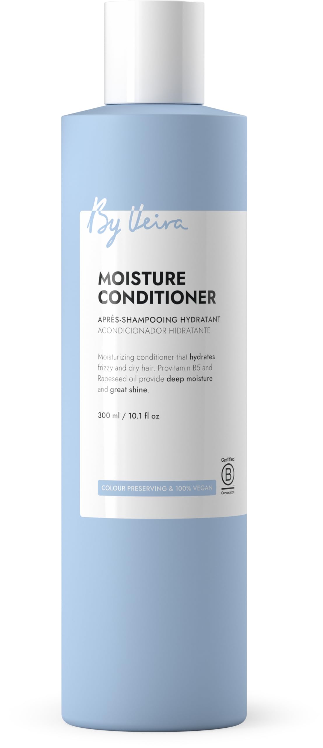 By Veira Moisture Conditioner bottle closeup shows hydration and color protection.