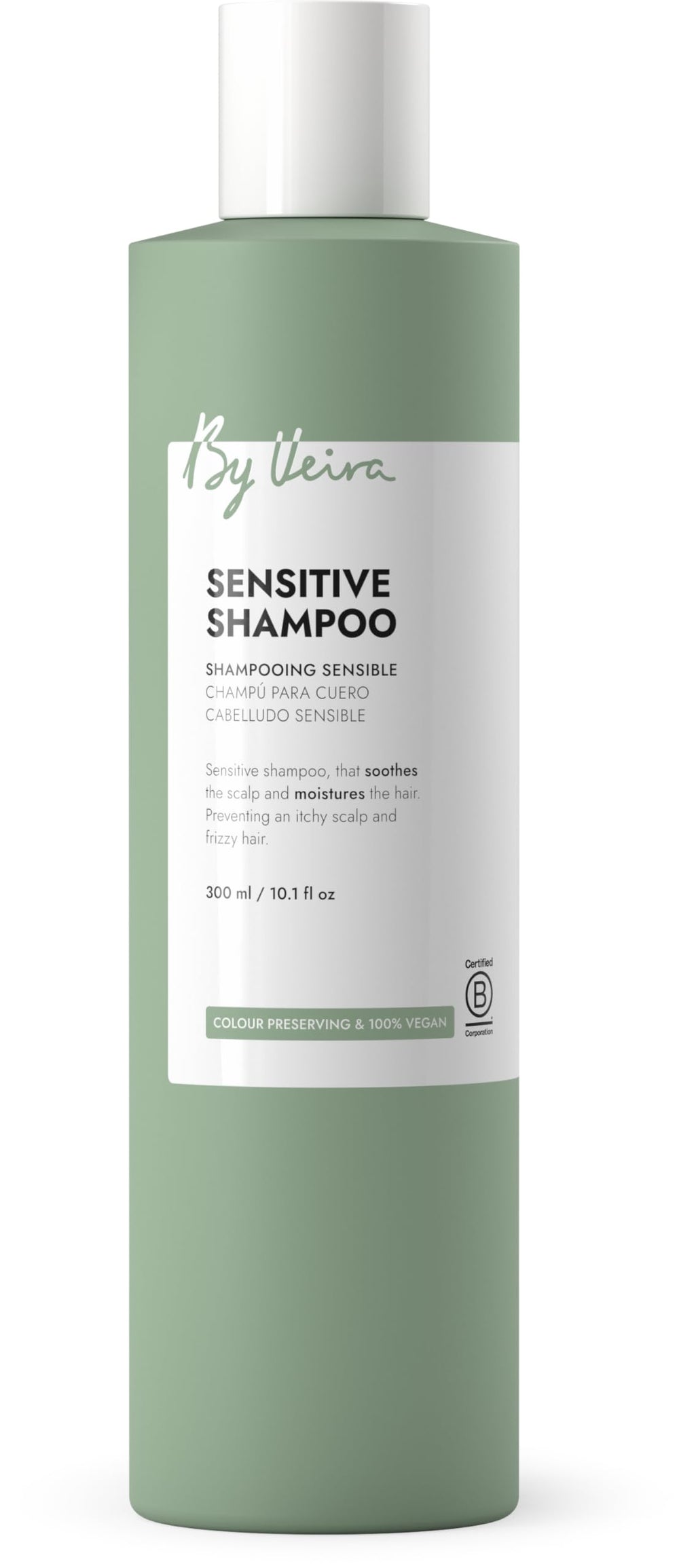 By Veira Sensitive Shampoo bottle, illustrating gentle scalp care and subtle floral fragrance.