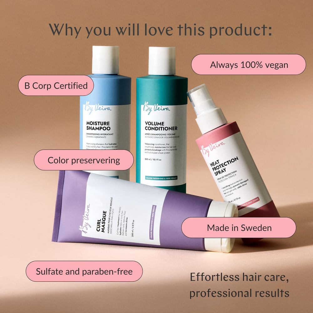 Product shot emphasizing colour-preserving formula for vibrant hair after washing.