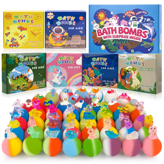 BYGGVIR 48-piece kids bath bombs packaging shown as a gift-ready set for birthdays.