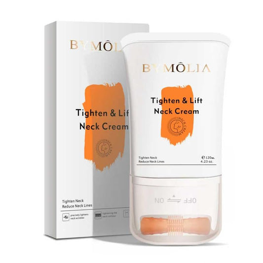 BYMOLIA neck firming cream roller application for smoother neck area.
