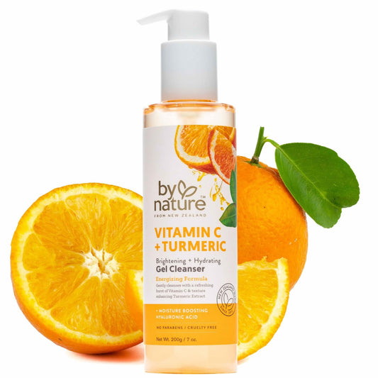 By Nature Vitamin C + Turmeric Gel Cleanser bottle-pump for brightening and daily cleansing.