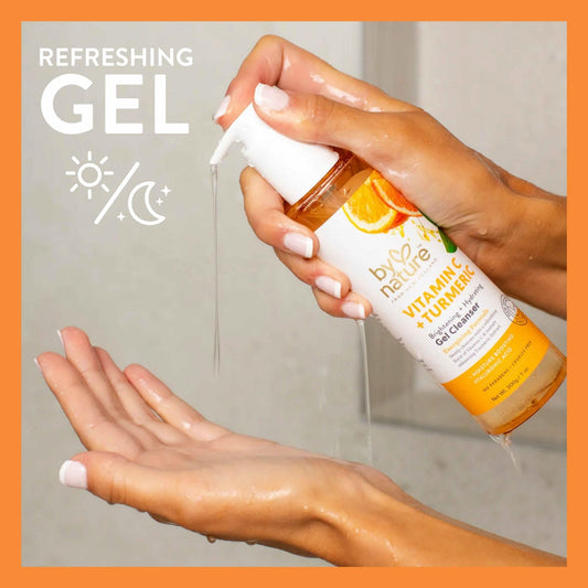 By Nature Vitamin C + Turmeric Gel Cleanser foaming-lather for makeup removal and refreshing cleanse.