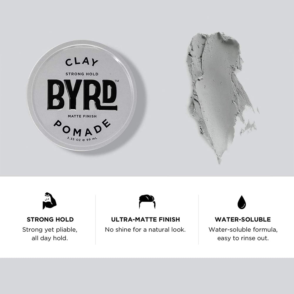 BYRD Hair Clay Pomade 2-Pack bottle close-up emphasizes control for sculpted styles.